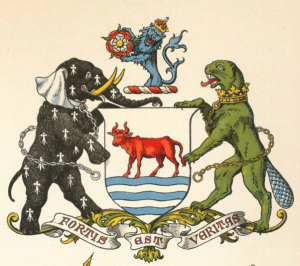 The Oxford coat of arms, with its Ox, river and Latin Motto which means: Strength In Truth