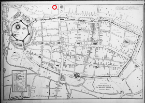 An ancient map of Oxford with the location of the old city walls shown. The red circle at the top of the map is where our school is located today.