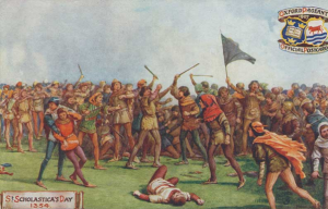 A postcard from 1907 depicting the battle between the local people and the students.